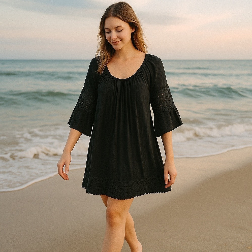 Charlotte Russe Dress‎ Womens XL Black Boho Crochet Lace Bell Sleeve Flowy Rayon
